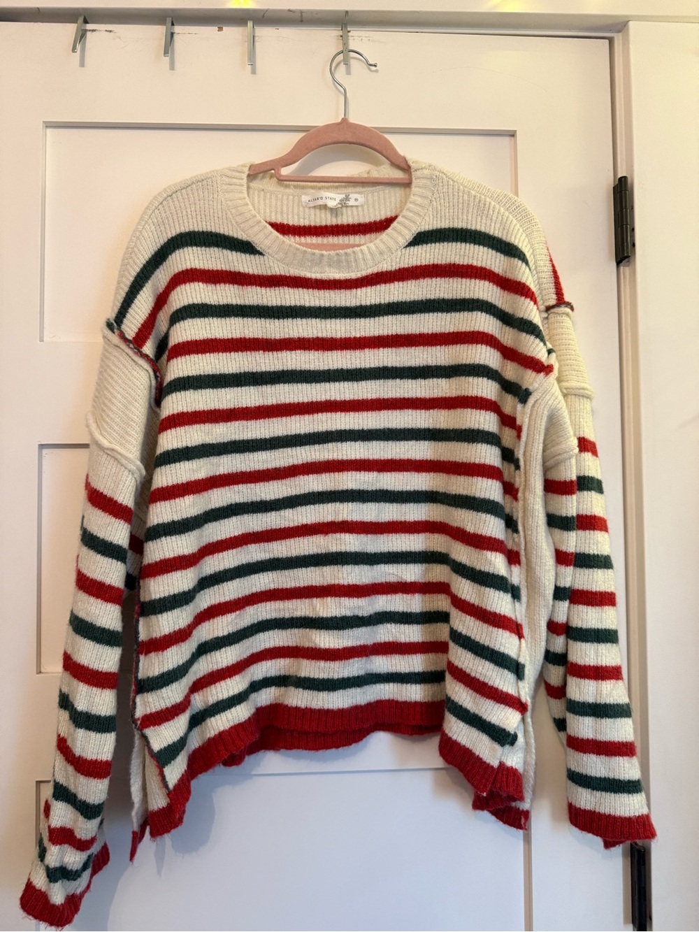 Altar'd State Ivory Crewneck Sweater with Red & Green Stripes